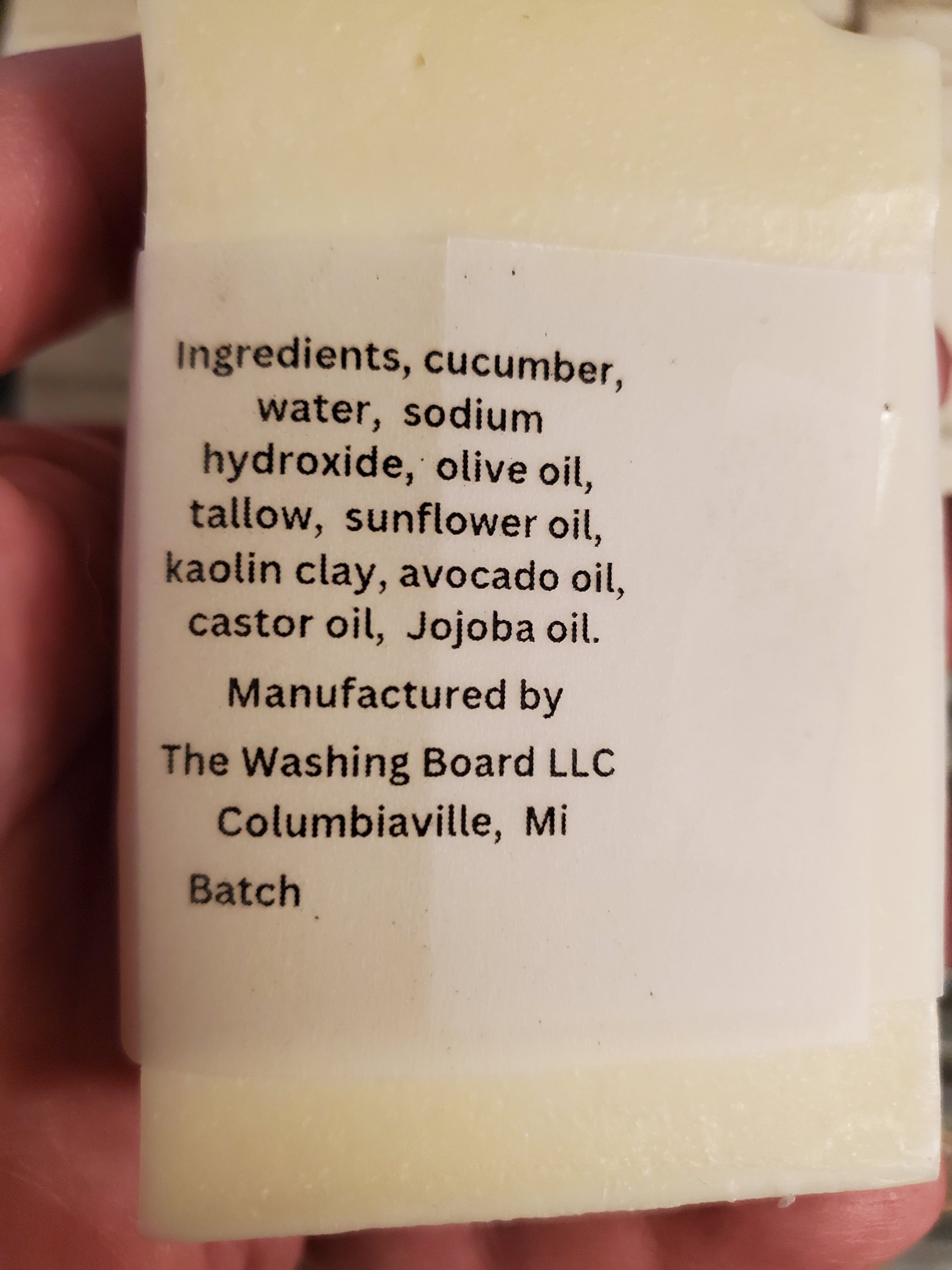 Cucumber Kaolin Dream ingredient label.