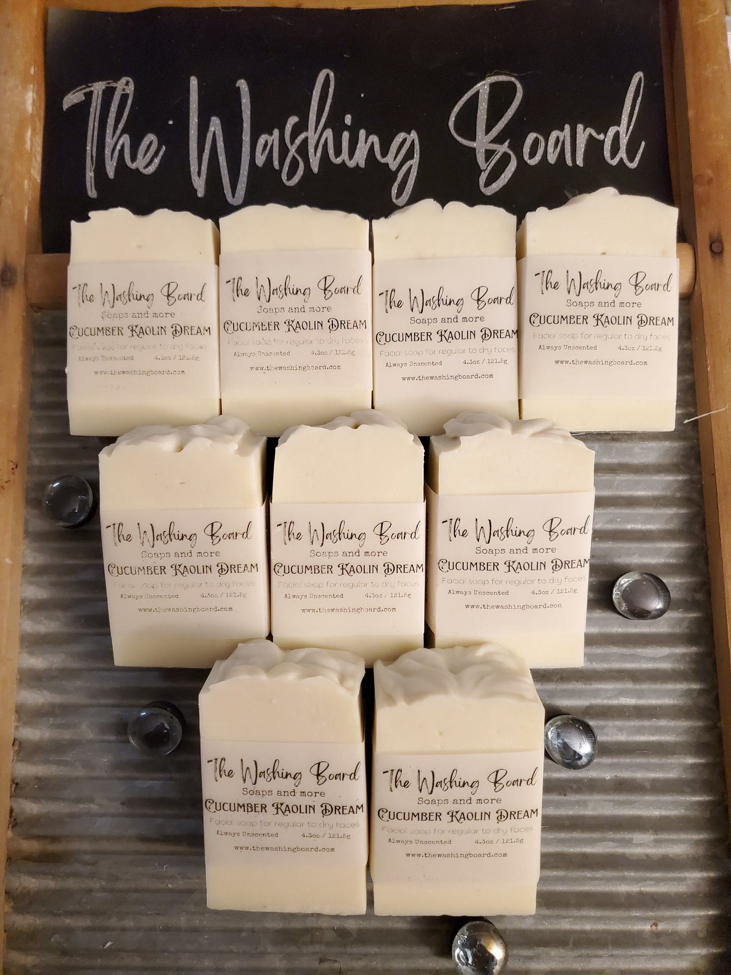 Cucumber Kaolin Dream lined up on a wash board.