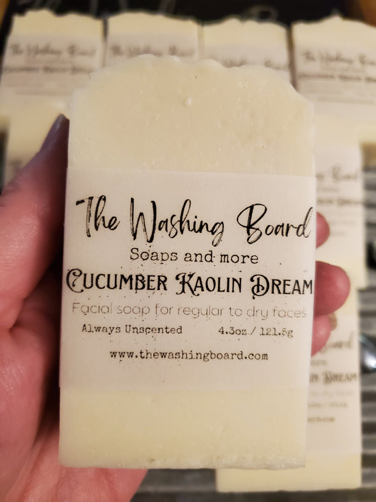 Cucumber Kaolin Dream facial soap on a woman's hand