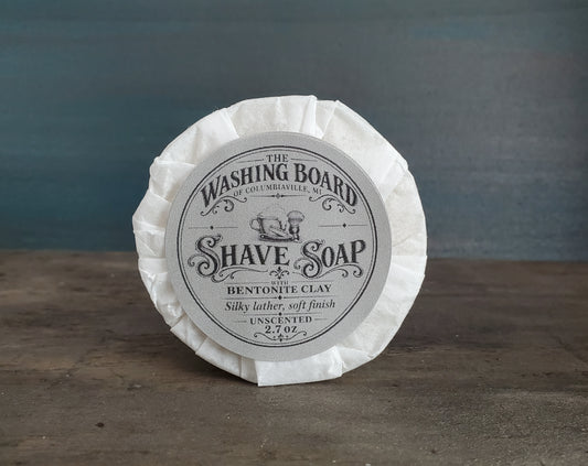 Unscented shaving soap with shave brush from The Washing Board.