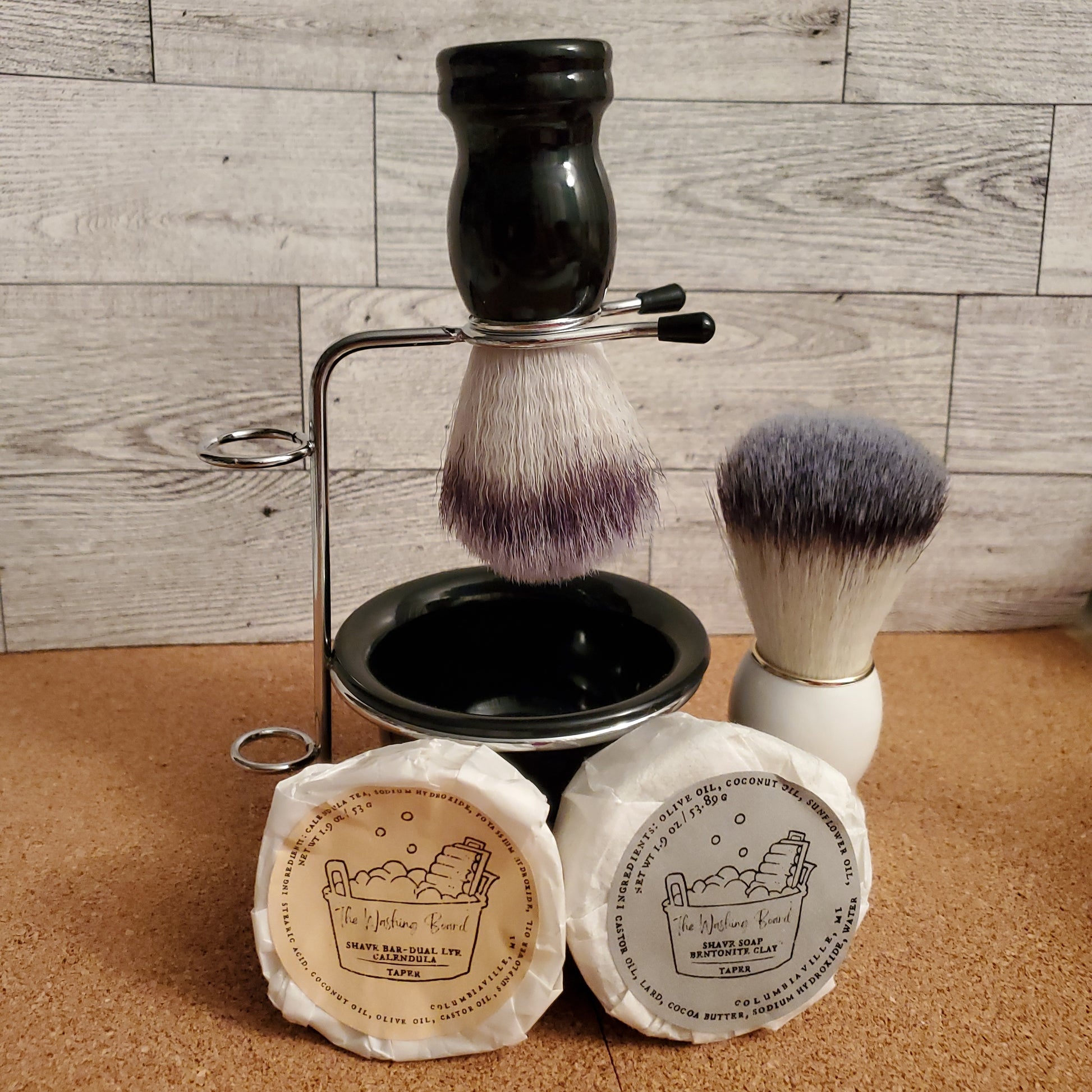 Shaving Stand Set with both brush options and both shave soap options.