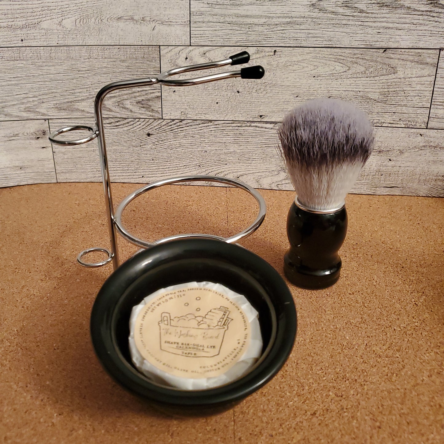 Shave Stand set with Black Shave Brush and Dual Lye Taper in the bowl.