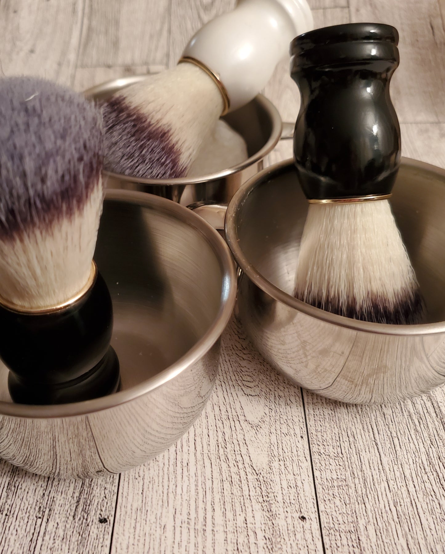 Shave Brush,  black and white handle, shown with Shave Bowl  stainless steel.