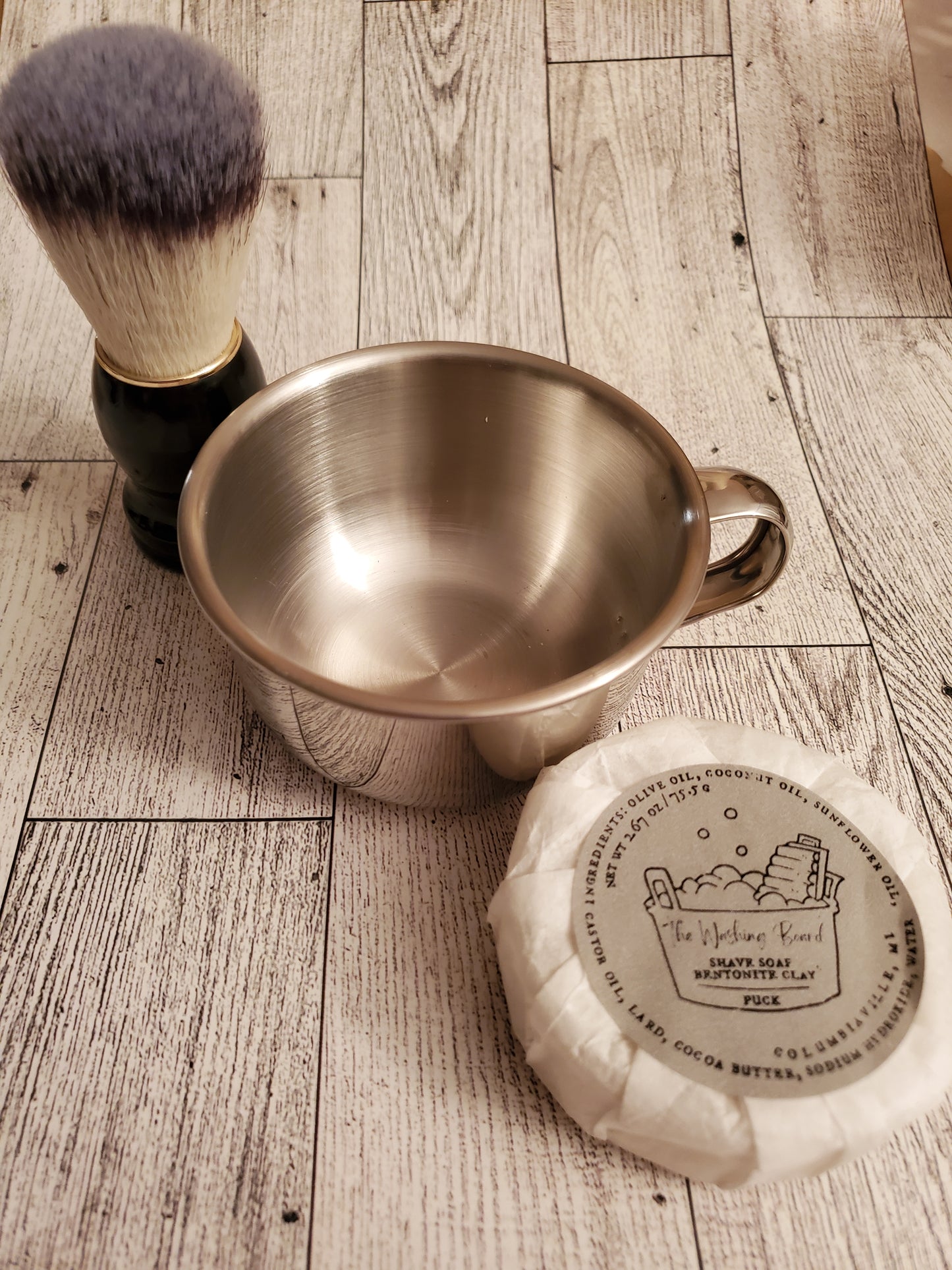 Shaving Kit with Stainless Steel Shaving Bowl,  Black Brush and Bentonite Clay Shaving Soap Puck.