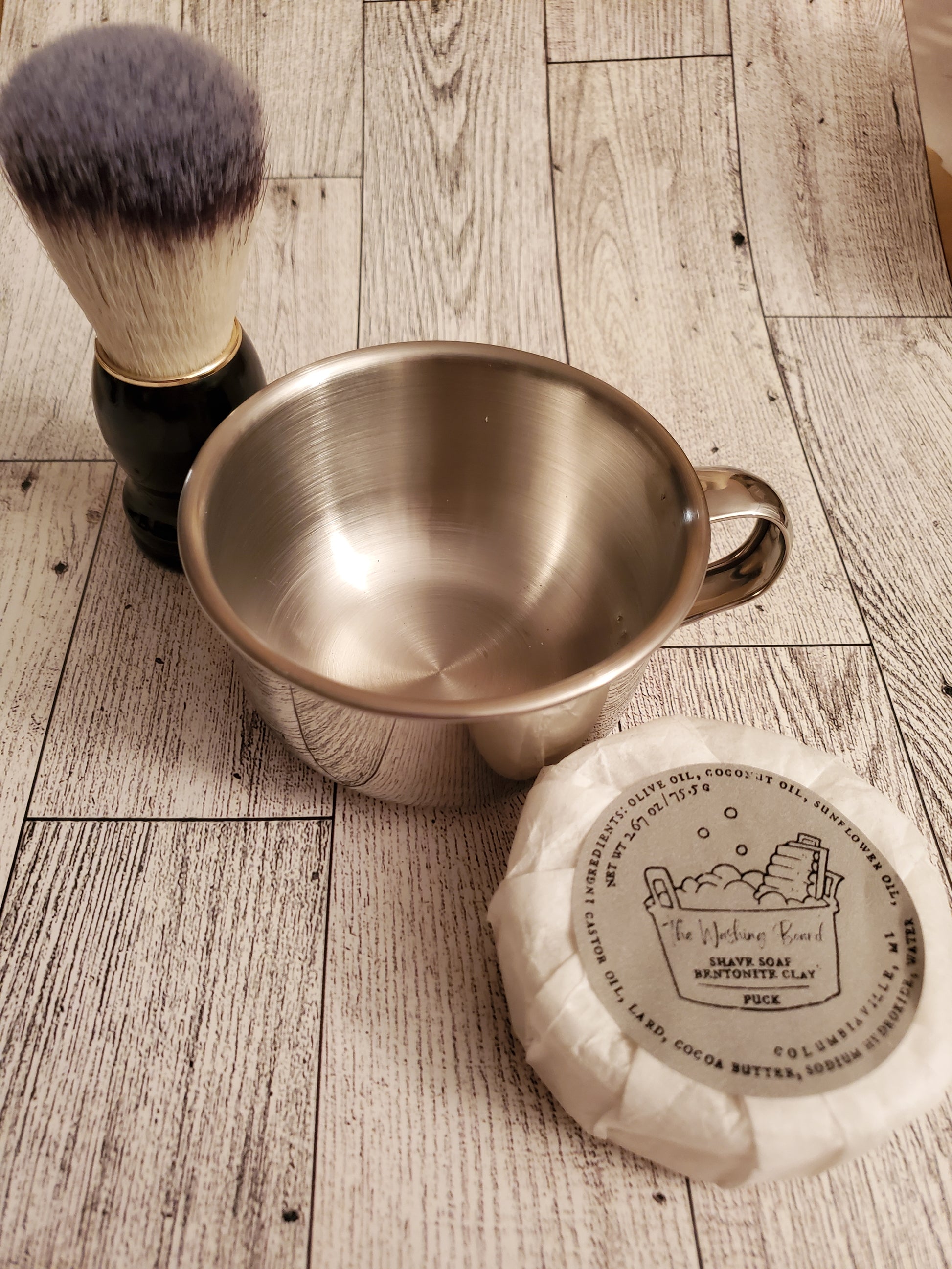 Shaving Kit with Stainless Steel Shaving Bowl,  Black Brush and Bentonite Clay Shaving Soap Puck.