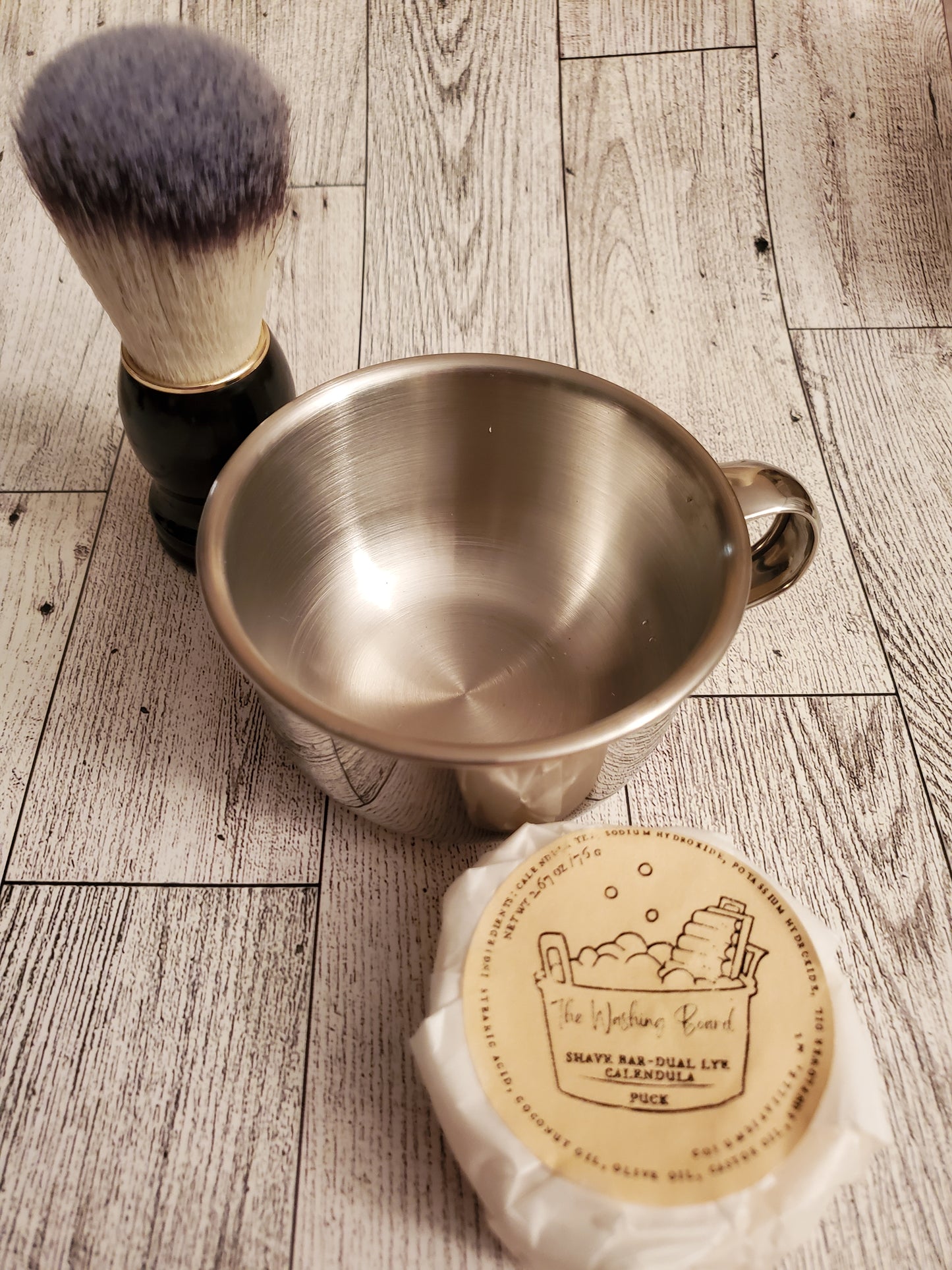 Shaving Kit with Stainless Steel Shaving Bowl,  Black Brush and Dual Lye Shaving Soap Puck.
