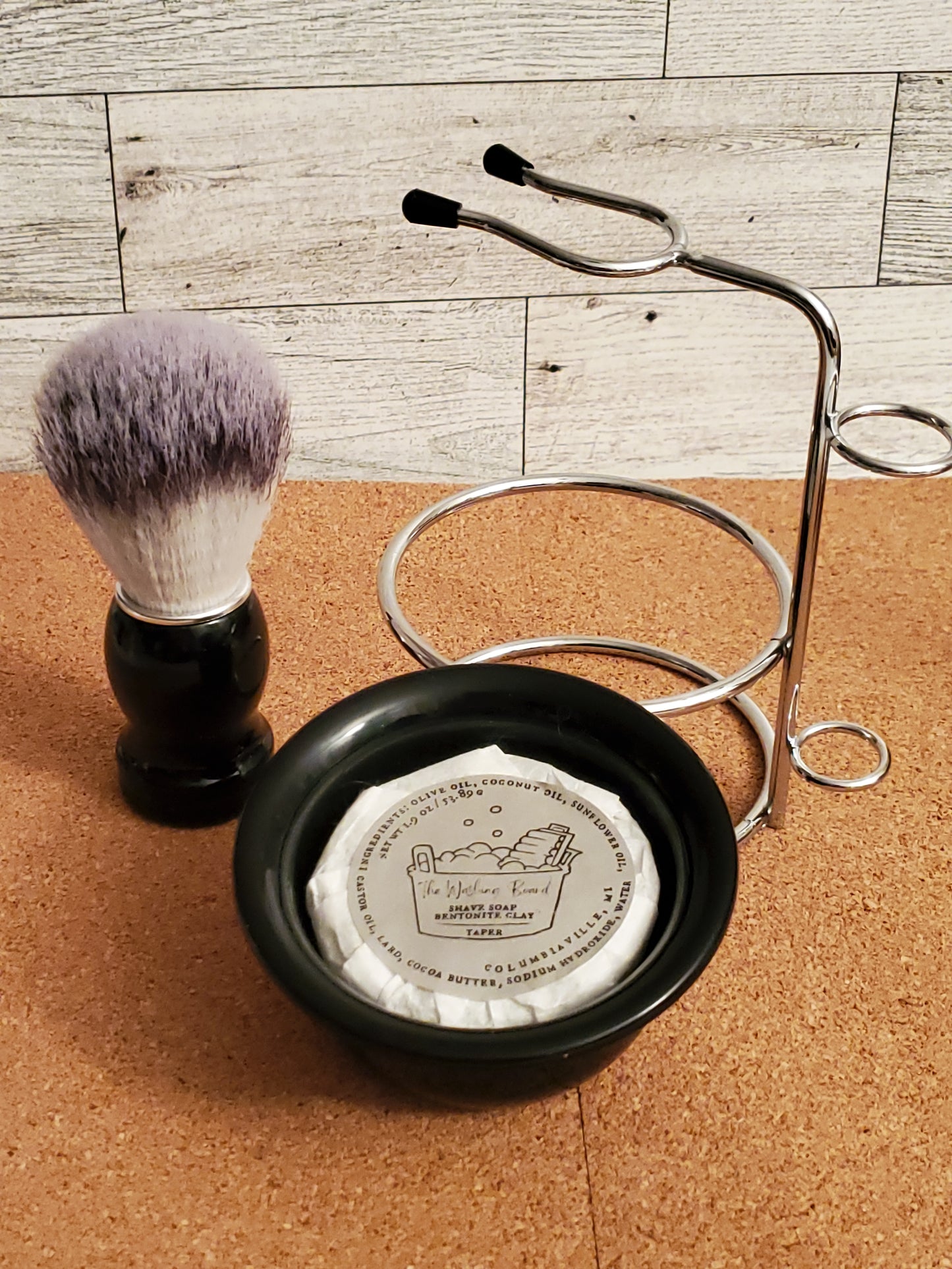 Shave Stand set with Black Shave Brush and Bentonite Clay Taper in the bowl.