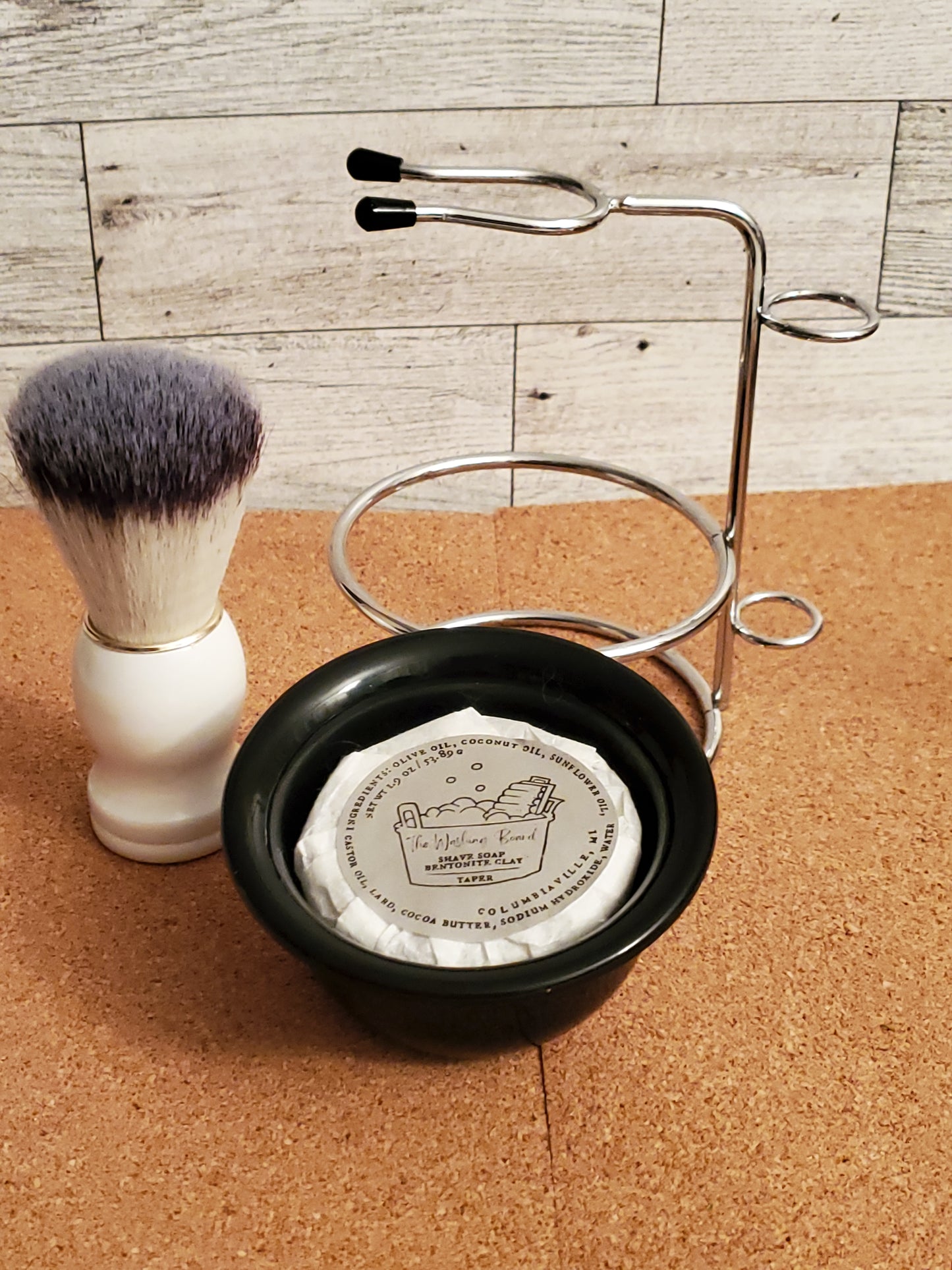 Shave Stand set with White Shave Brush and Bentonite Clay Taper in the bowl.