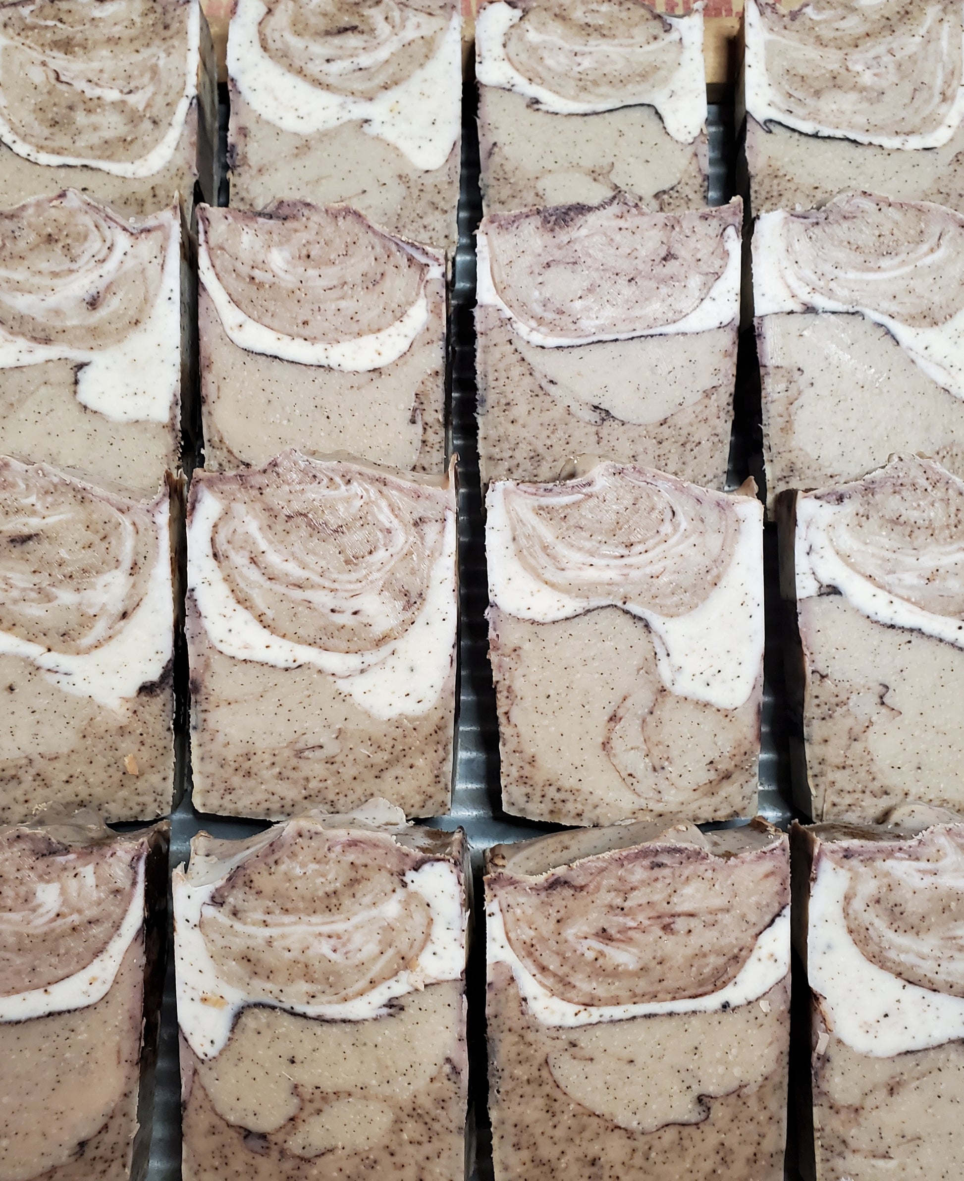 Coffee Scrubby Soap with rich skin loving swirls and coffee grounds for exfoliation.