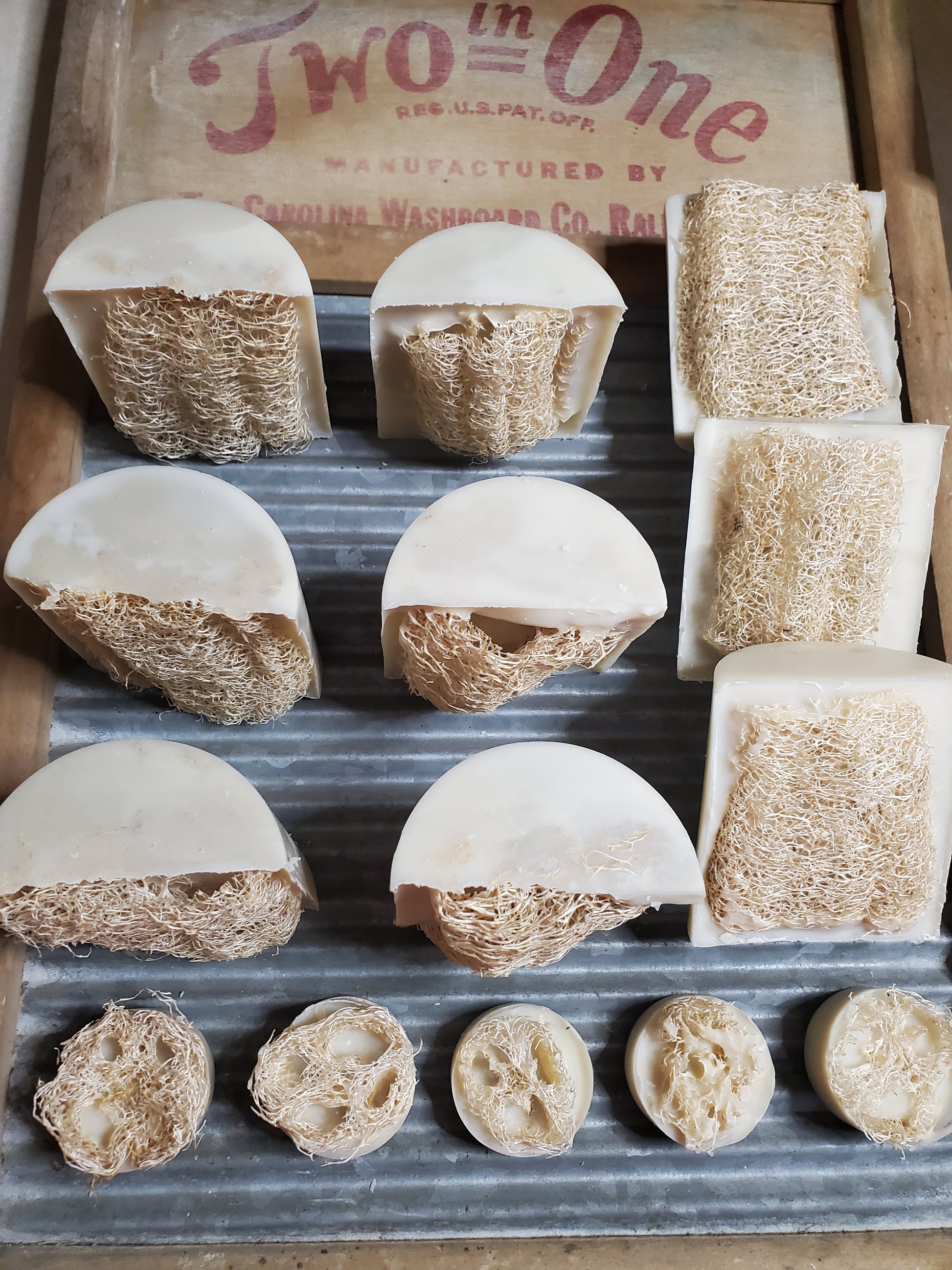 Garden Party soap with luffa standing up to show half round