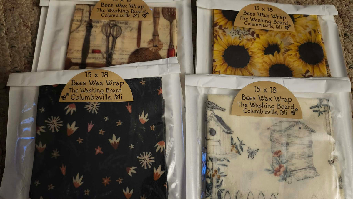 Reusable beeswax food wraps in multiple sizes from The Washing Board.