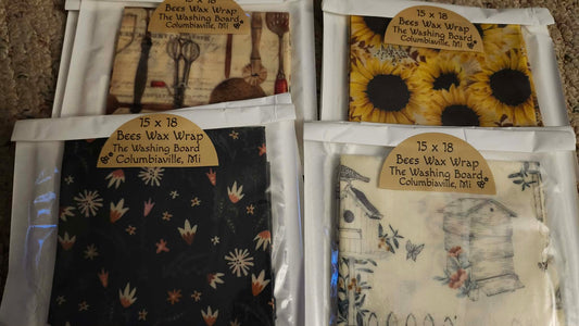 Reusable beeswax food wraps in multiple sizes from The Washing Board.