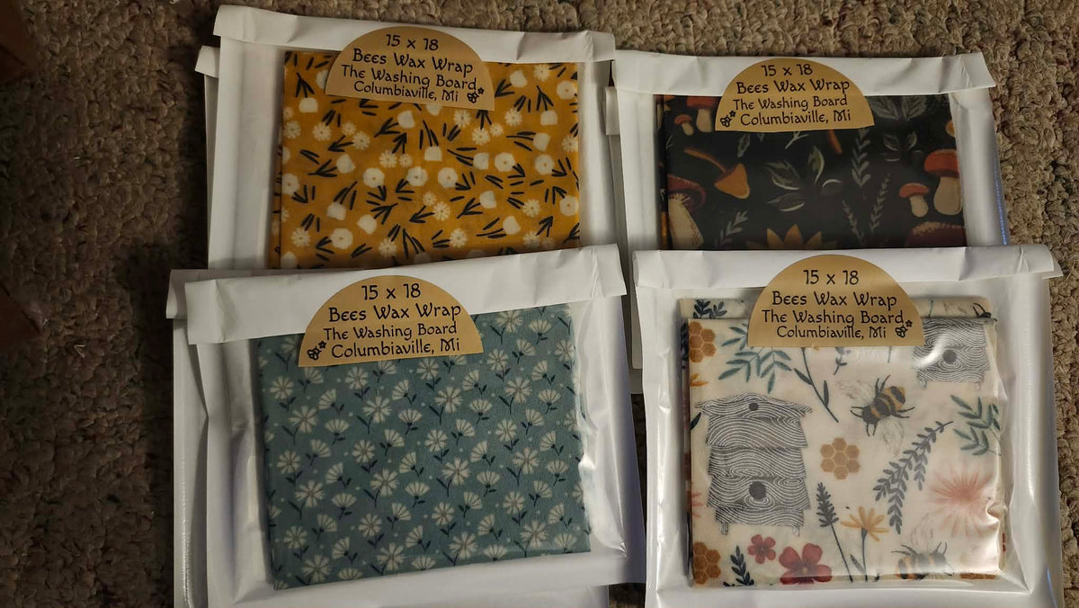 Reusable beeswax food wraps in multiple sizes from The Washing Board.