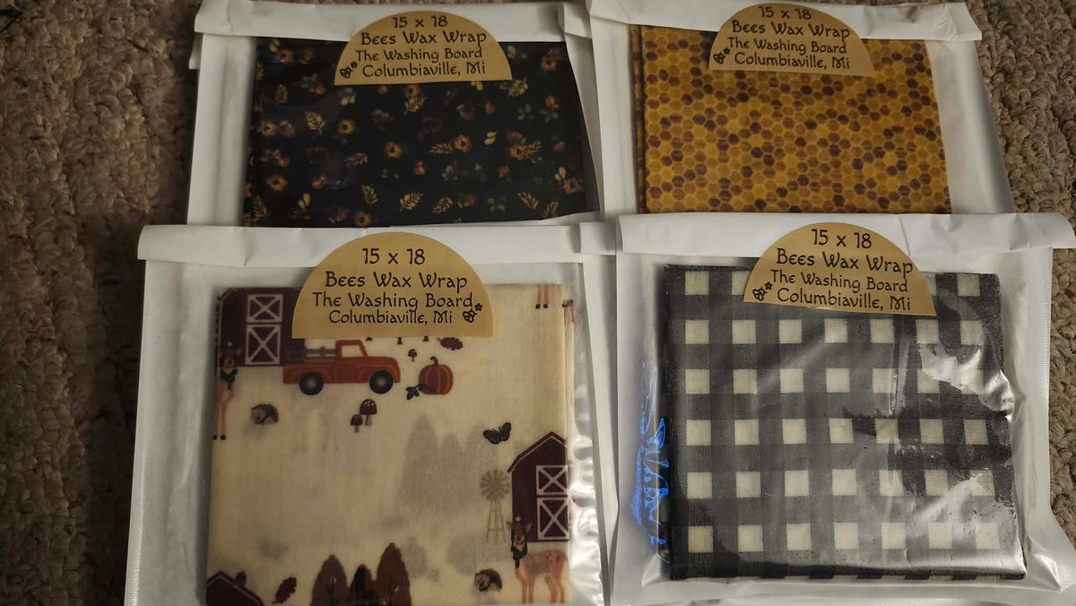 Reusable beeswax food wraps in multiple sizes from The Washing Board.
