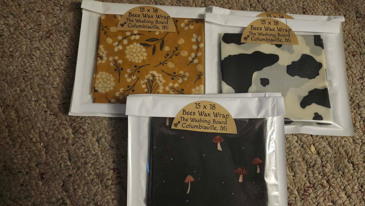 Reusable beeswax food wraps in multiple sizes from The Washing Board.
