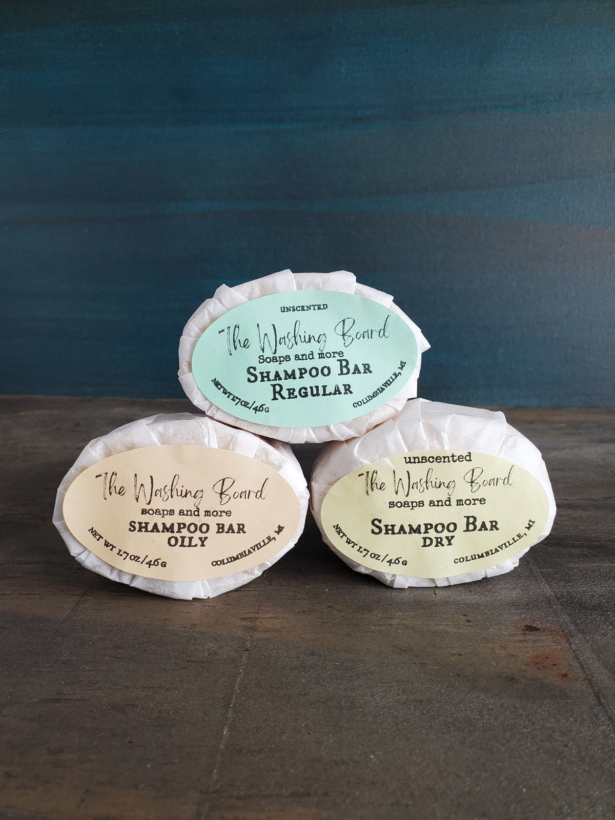 Unscented shampoo bars for oily, regular and dry hair from The Washing Board.