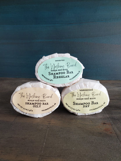 Unscented shampoo bars for oily, regular and dry hair from The Washing Board.