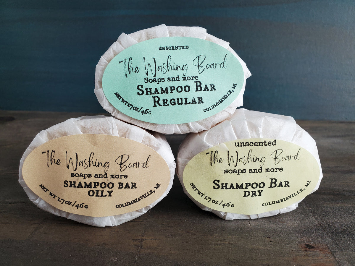Unscented shampoo bars for oily, regular and dry hair from The Washing Board.