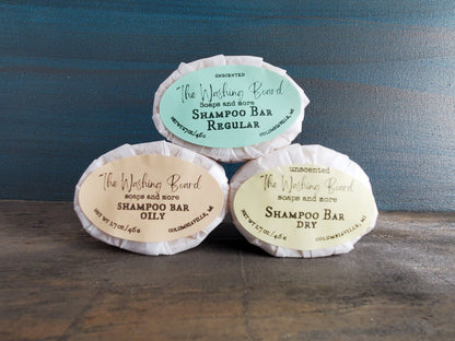 Unscented shampoo bars for oily, regular and dry hair from The Washing Board.