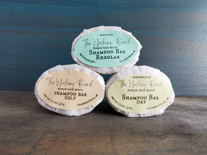 Unscented shampoo bars for oily, regular and dry hair from The Washing Board.