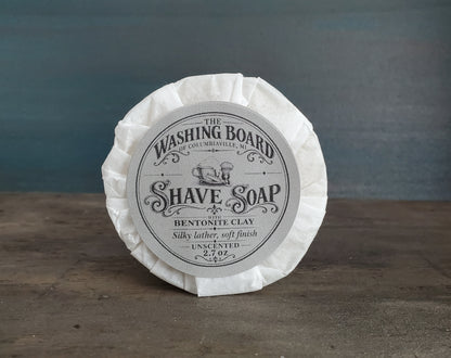 Unscented shaving soap with shave brush from The Washing Board.