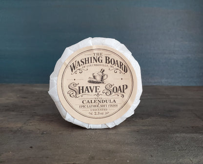 Unscented shaving soap with shave brush from The Washing Board.