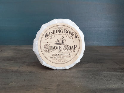 Unscented shaving soap with shave brush from The Washing Board.