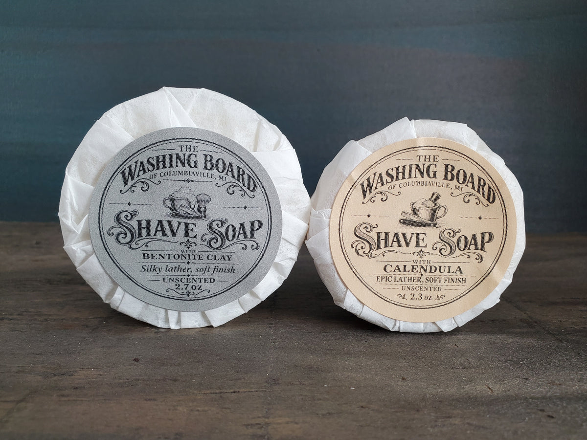Unscented shaving soap with shave brush from The Washing Board.