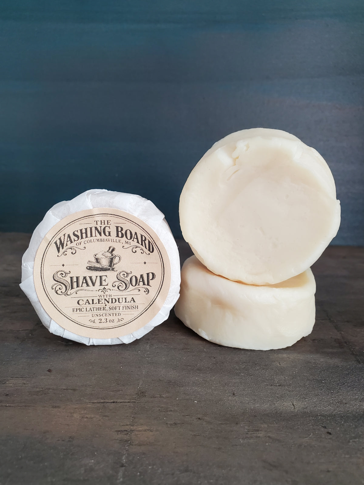 Unscented shaving soap with shave brush from The Washing Board.