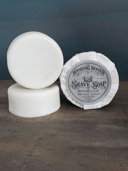 Unscented shaving soap with shave brush from The Washing Board.