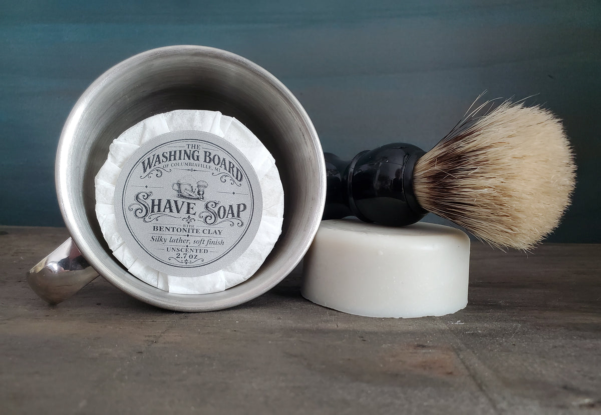 Unscented shaving soap with shave brush from The Washing Board.
