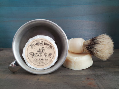 Unscented shaving soap with shave brush from The Washing Board.