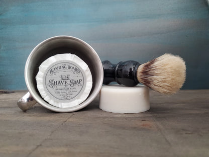 Unscented shaving soap with shave brush from The Washing Board.