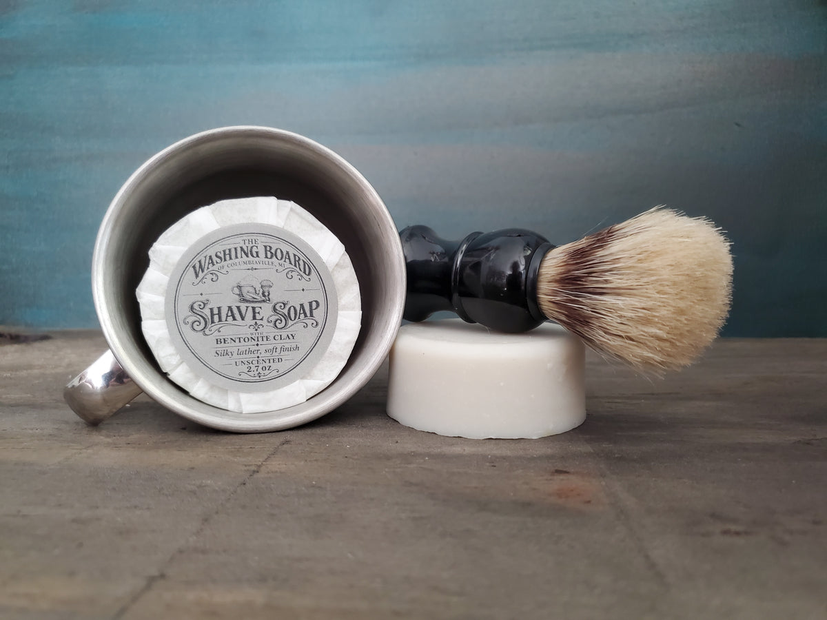 Unscented shaving soap with shave brush from The Washing Board.