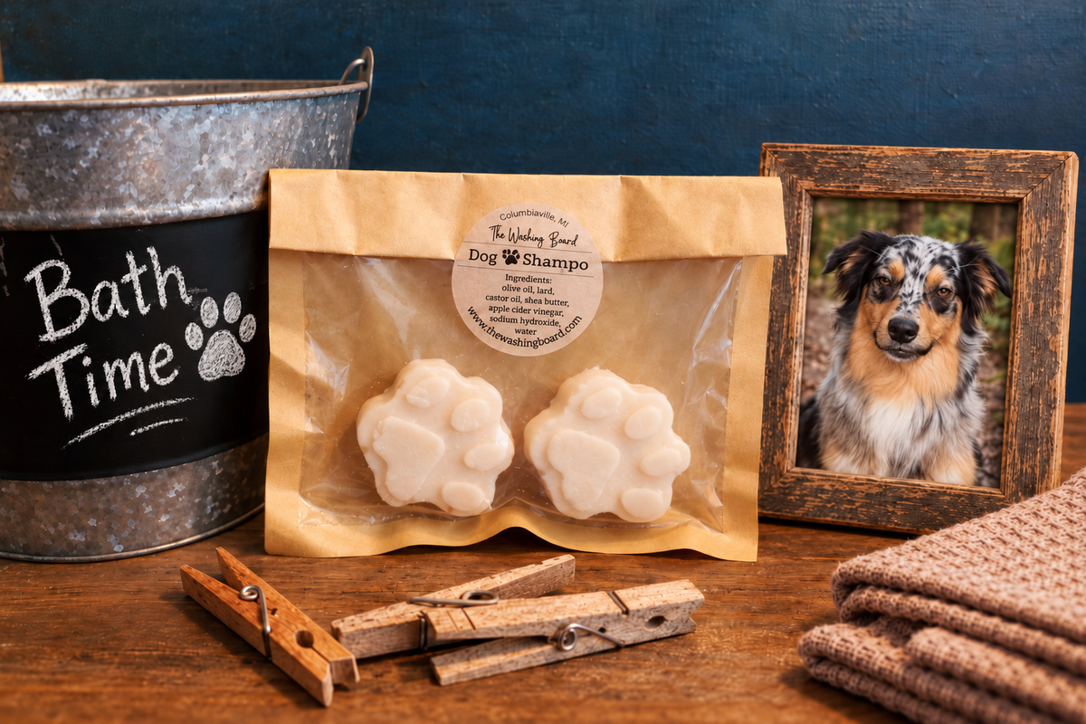 Unscented solid dog shampoo bar from The Washing Board.
