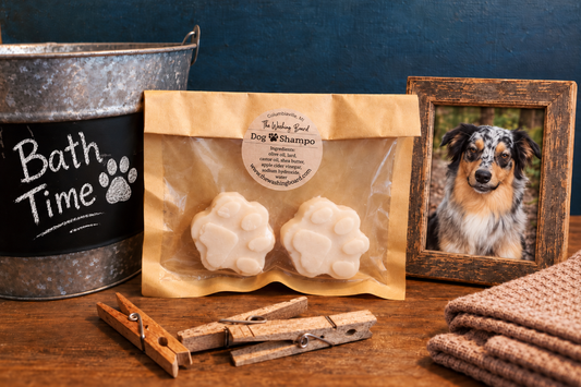 Unscented solid dog shampoo bar from The Washing Board.