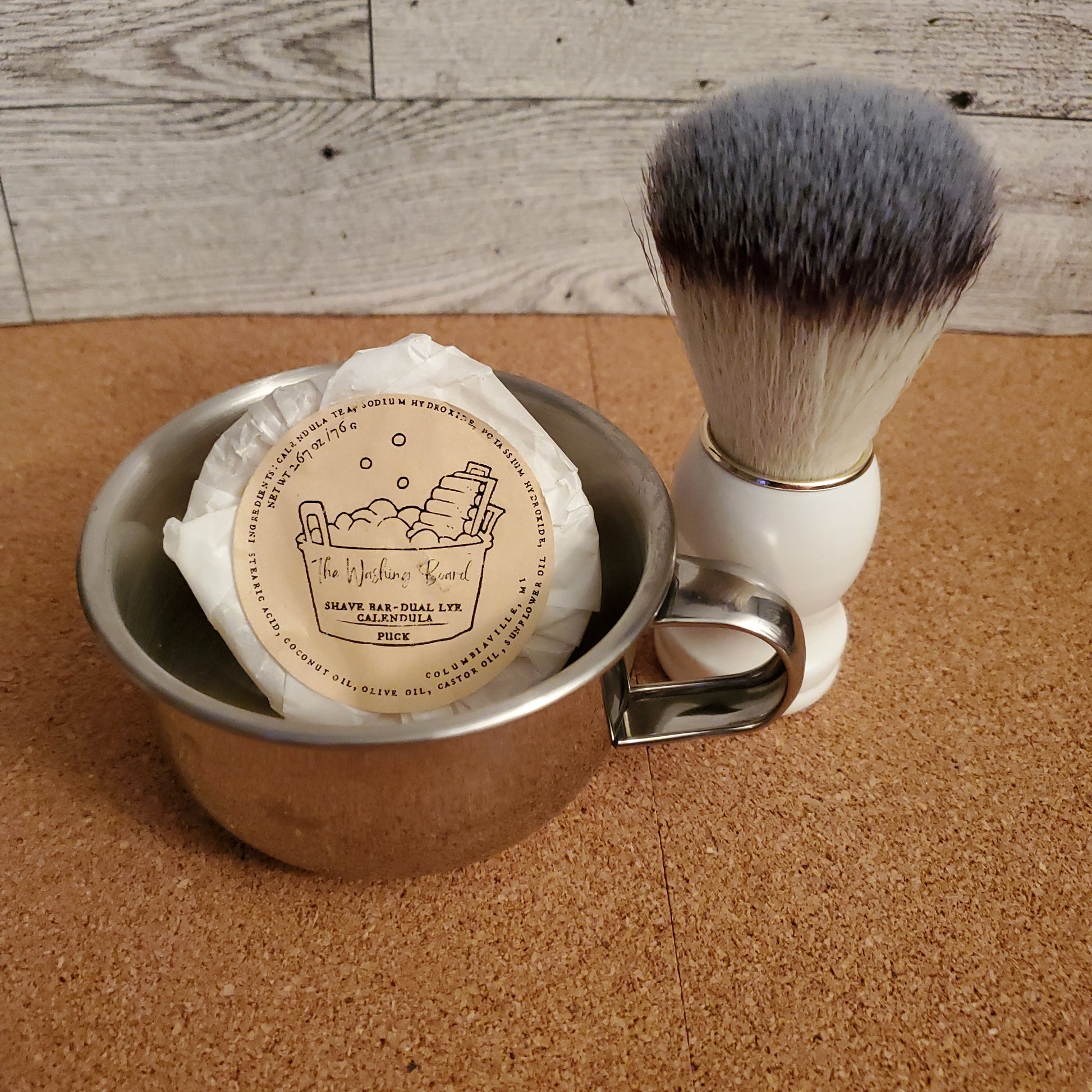 Shaving Kit with Stainless Steel Shaving Bowl,  White Brush and Dual Lye Shaving Soap Puck. 