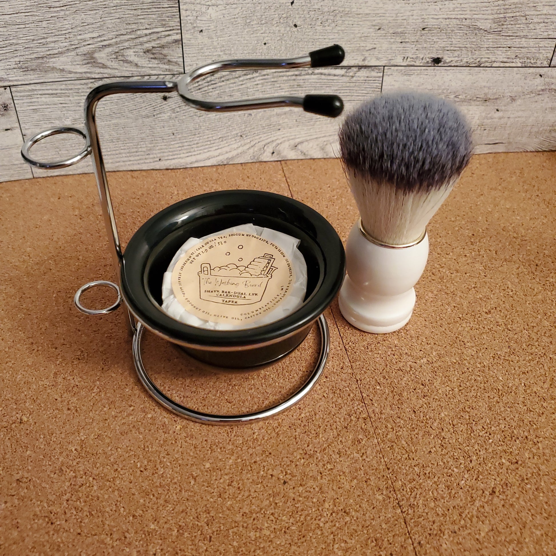 Shave Stand set with White Shave Brush and Dual Lye Taper in the bowl. 