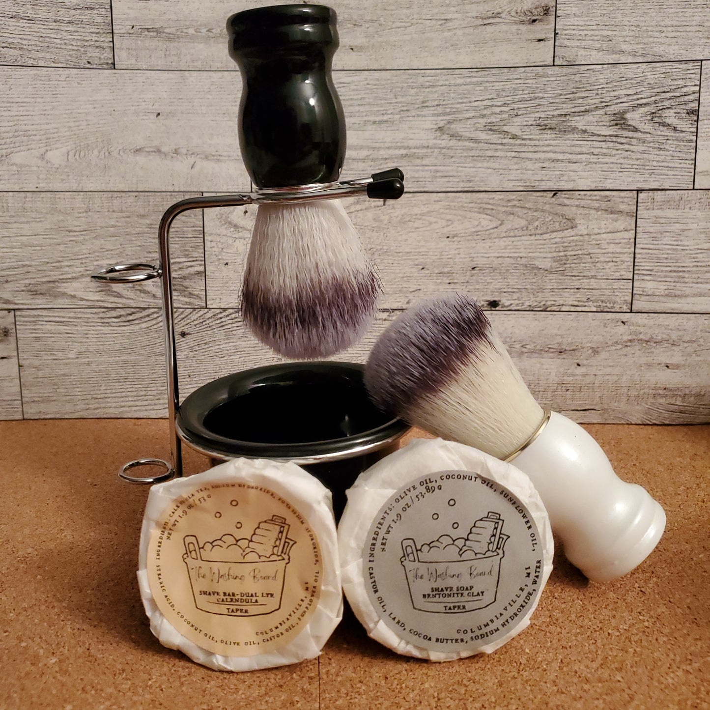 Shake Kit, stand with bowl shown with Shave Brush and Shave Soap options. 