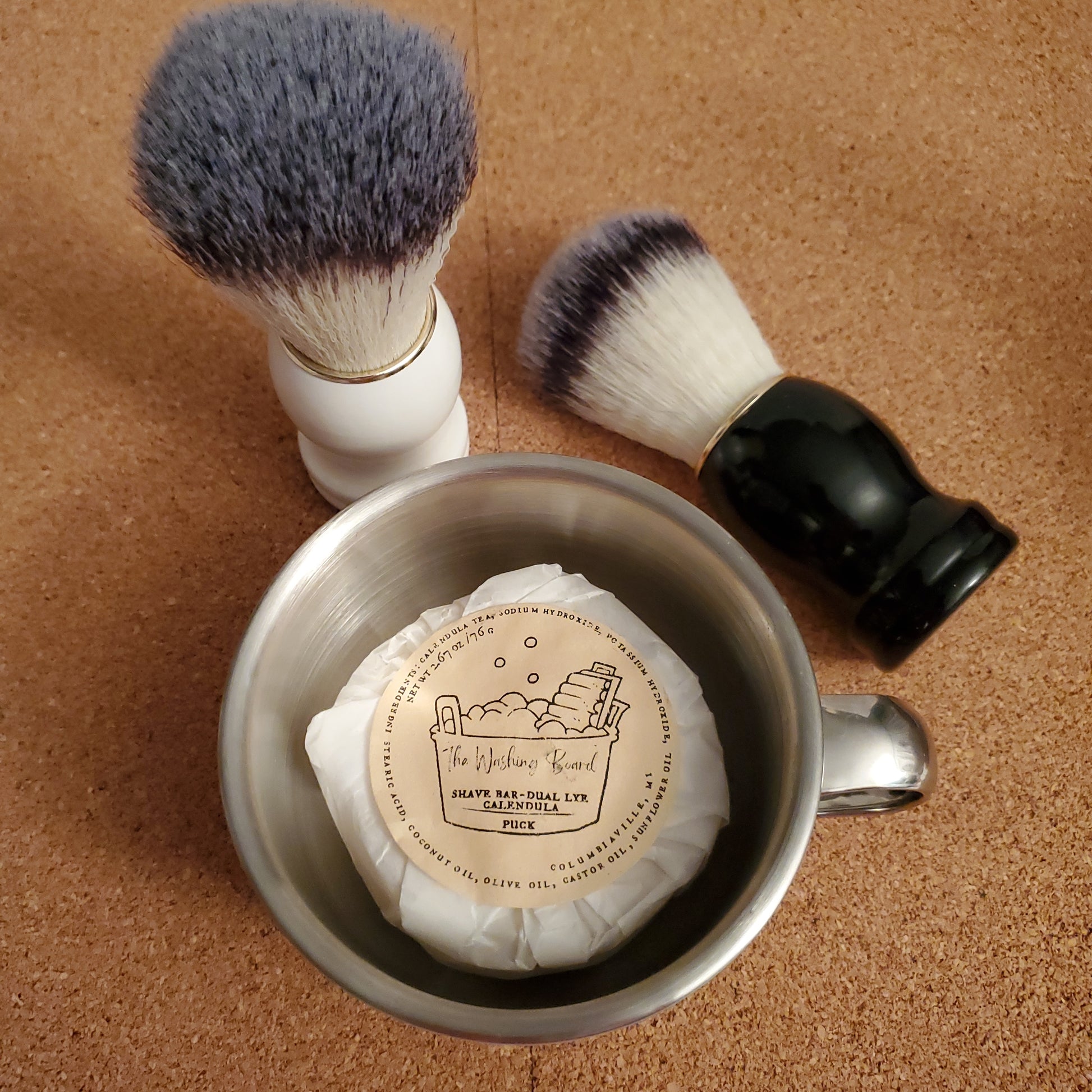 Shaving Kit with Stainless Steel Shaving Bowl,  with both White and Black Brush options and Dual Lye Shaving Soap Puck. 