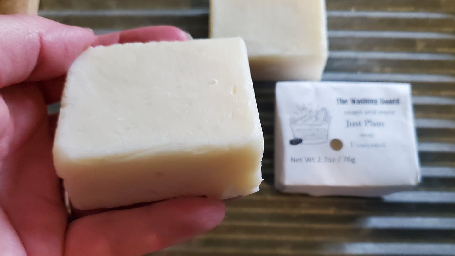 Just Plain Soap bar shown "naked", on a slight angle, in a woman's hand. 