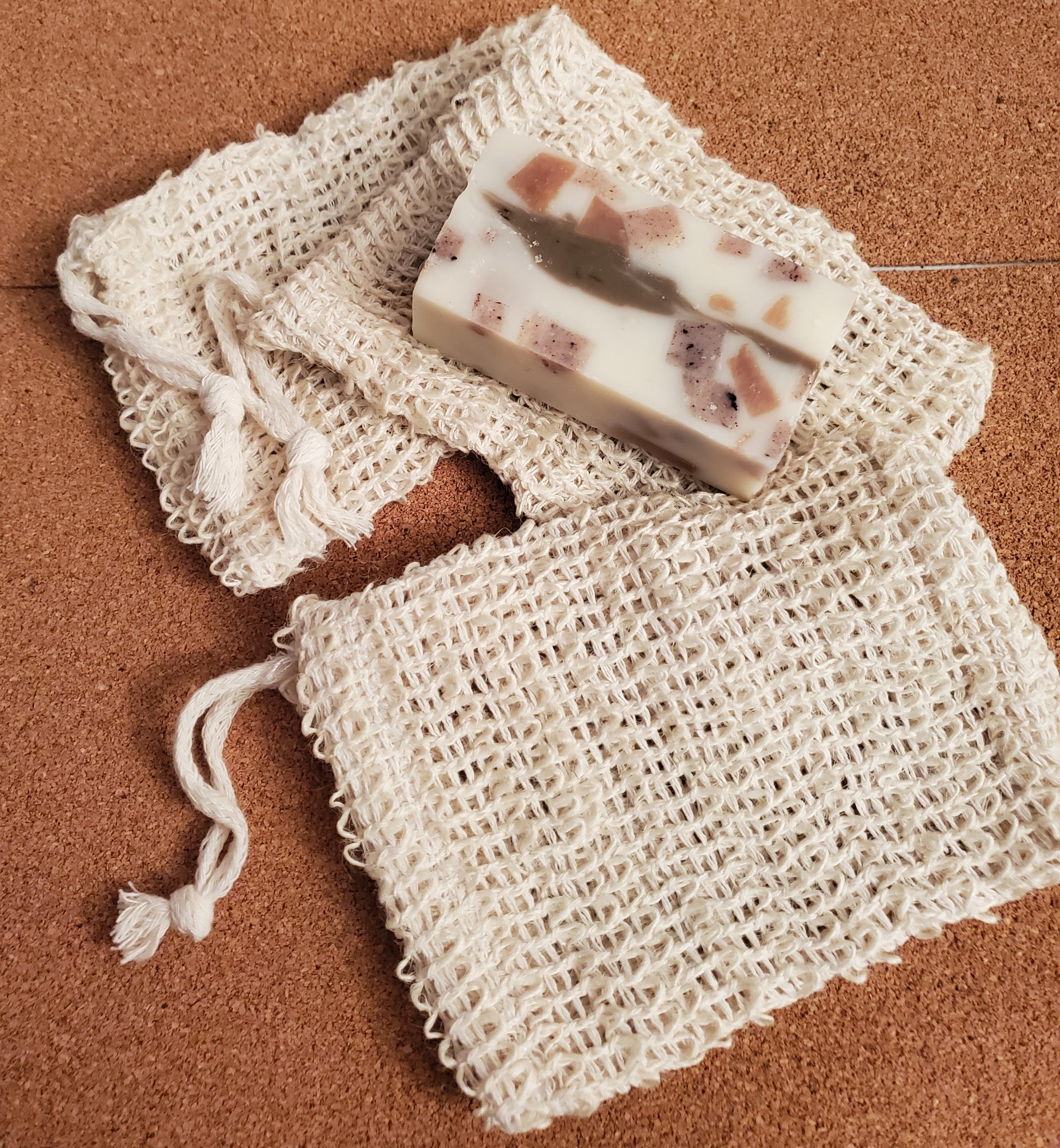 3 Scrubby Soap Bags shown together with Calico All in One bar