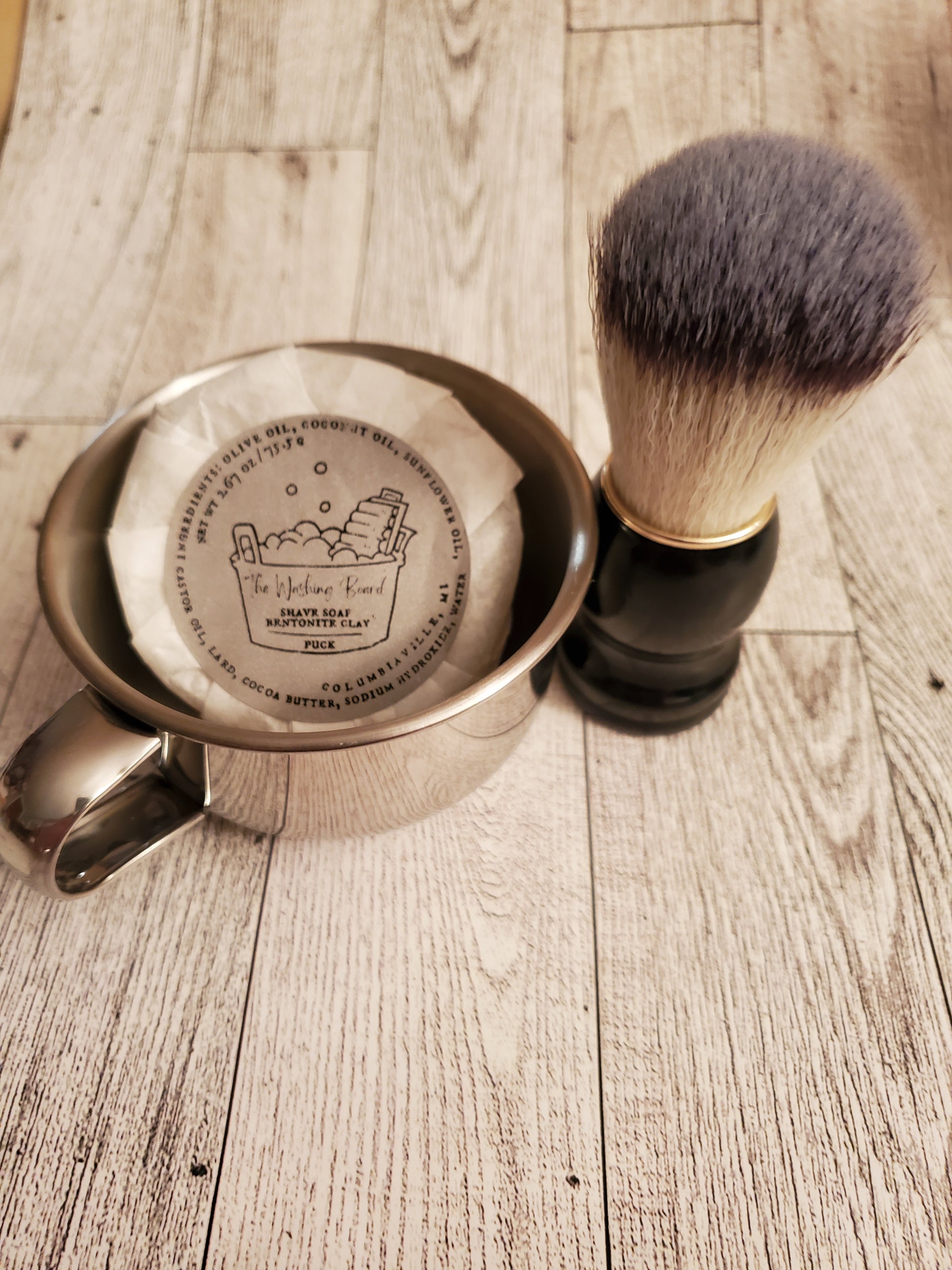 Shaving Kit with Stainless Steel Shaving Bowl,  White Brush and Bentonite Clay Shaving Soap Puck. 