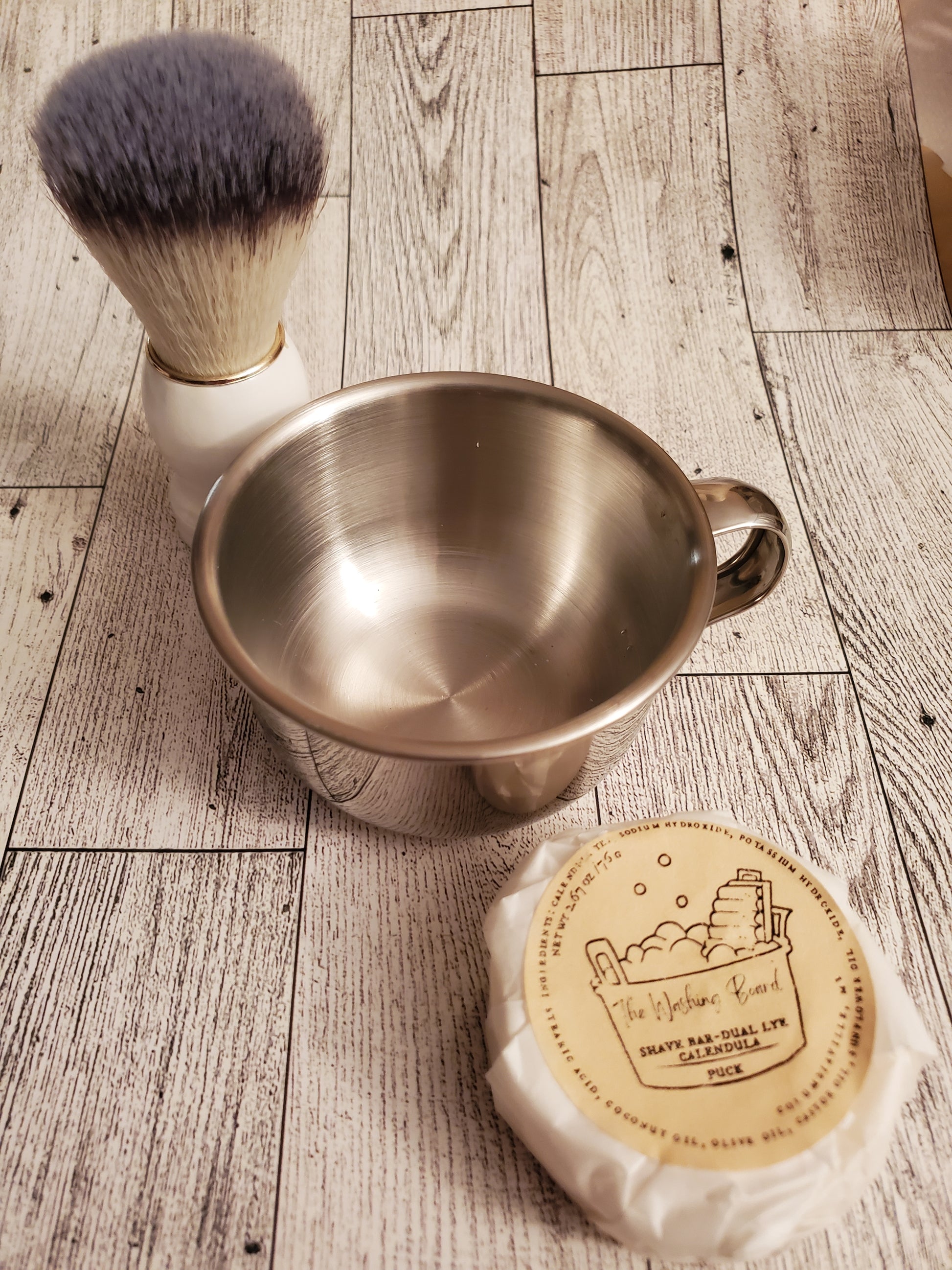 Shaving Kit with Stainless Steel Shaving Bowl,  White Brush and Dual Lye Shaving Soap Puck. 