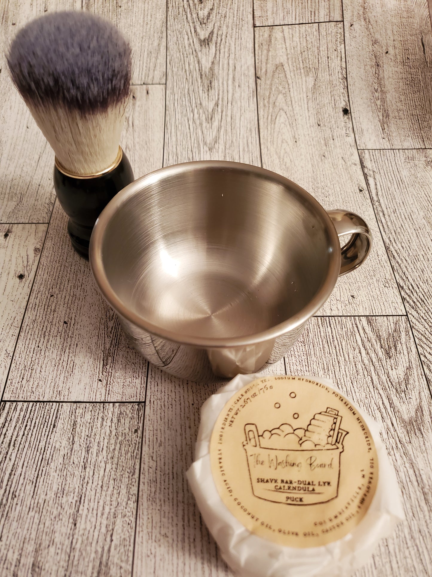 Shaving Kit with Stainless Steel Shaving Bowl,  Black Brush and Dual Lye Shaving Soap Puck. 
