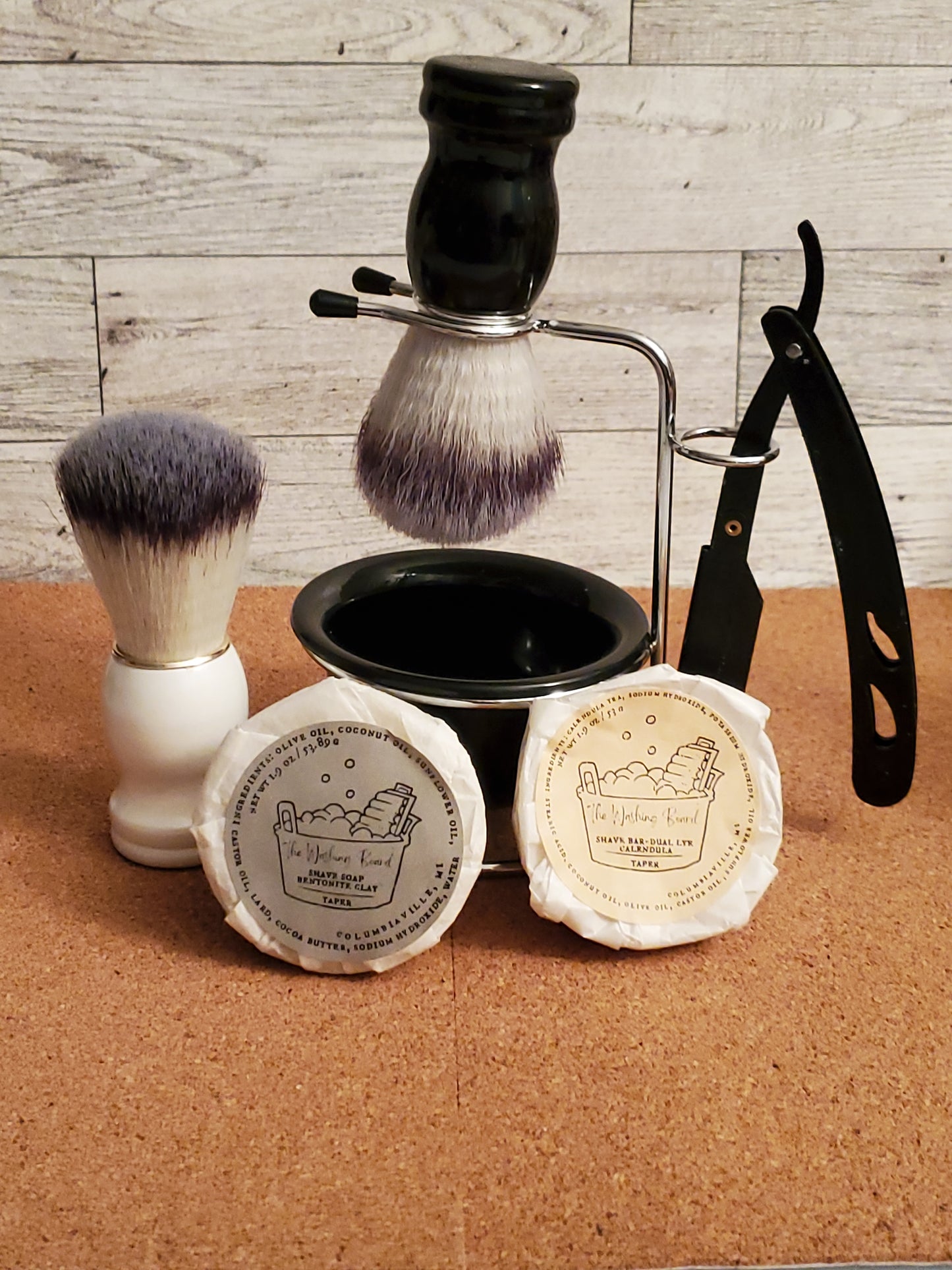 Shave Stand Set with Black Shave Brush, White Shave Brush, razor(not included),  Bentonite Clay Taper and Dual Lye Taper. 