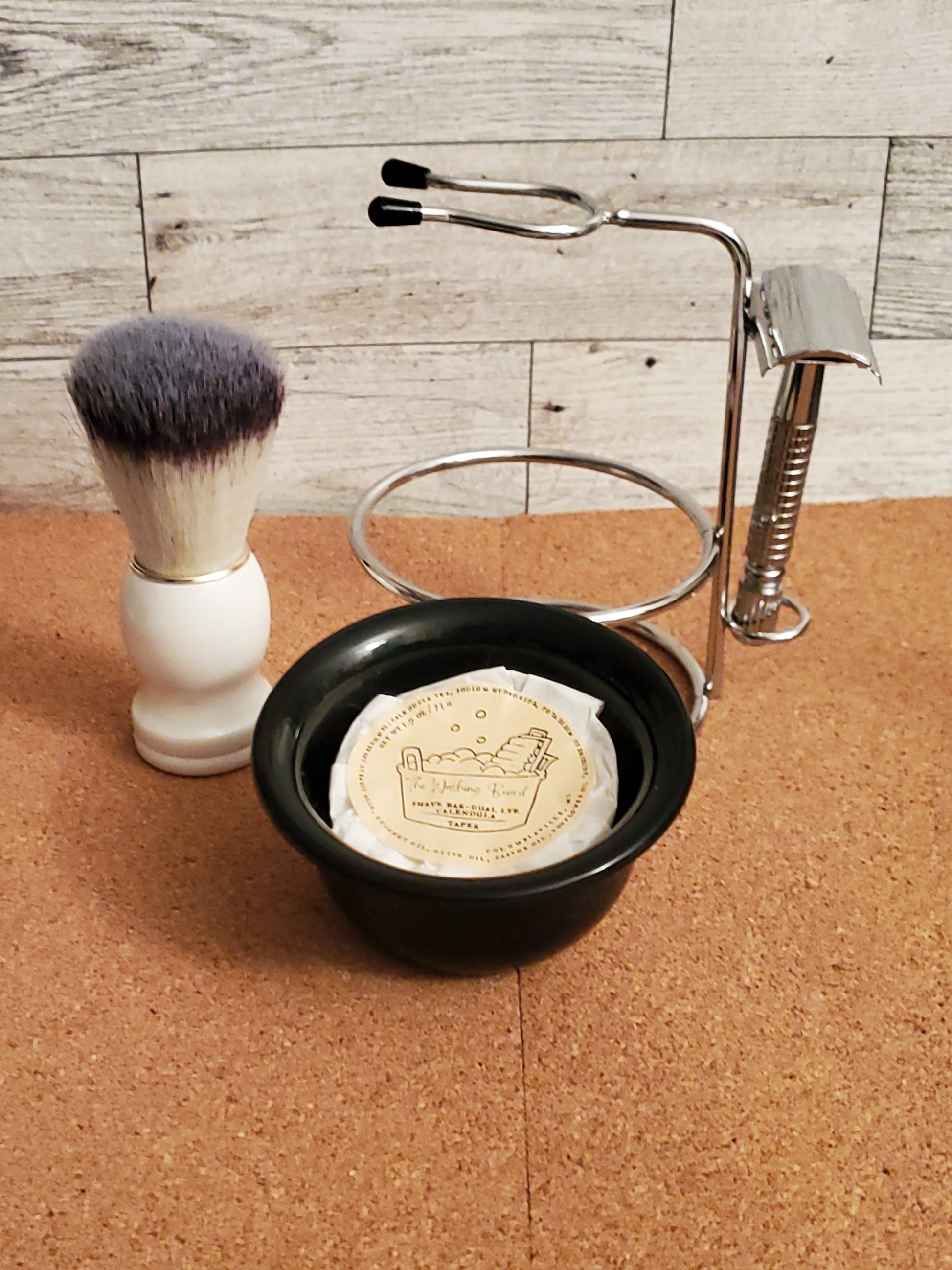 Shaving Stand Set with Dual Lye taper and White Brush,  shown with razor as display only. 