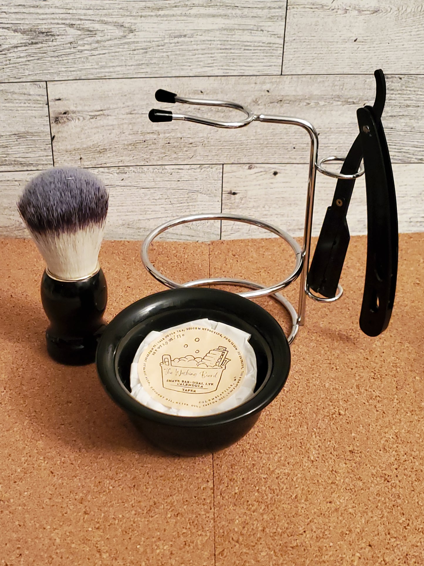 Shaving Stand Set with Dual Lye taper and Black Shaving Brush,  shown with razor as display only. 