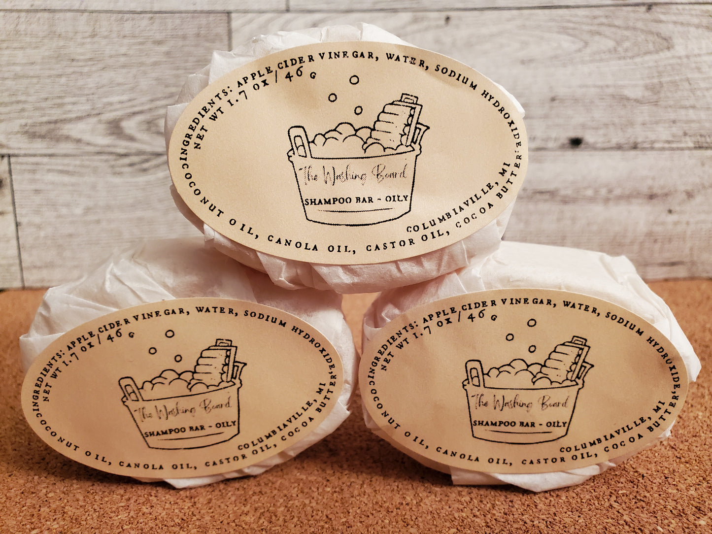 Shampoo bars,  oily,  shown in eco friendly packaging. 